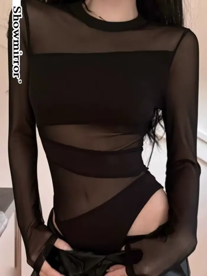 Gothique évider teahwear body mujer femmes coupe croix creux maille body à manches longues charmant body Clubwear sexy