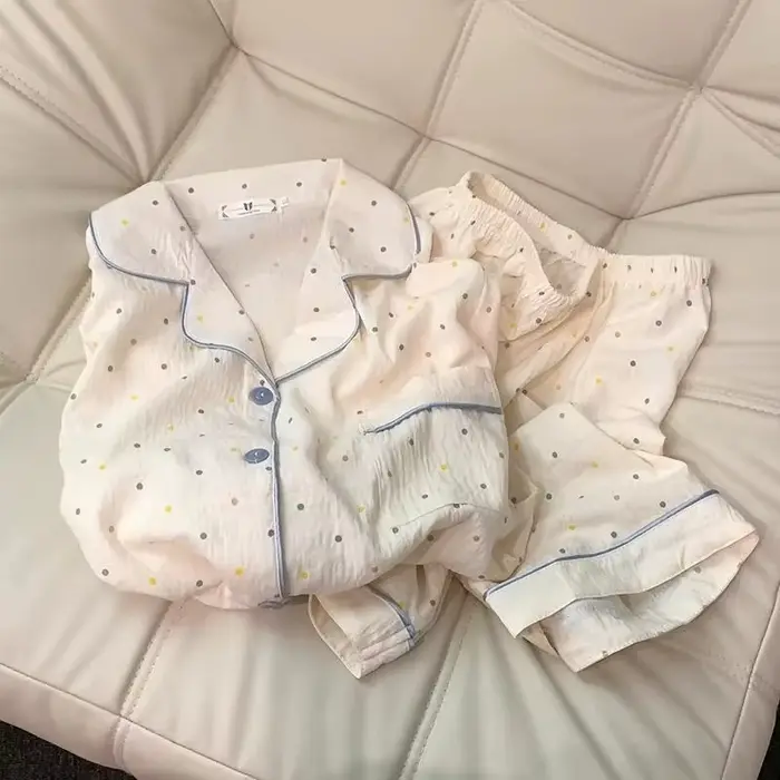 Dámske polka dot tlačené bavlnené pyžamo set, krátky rukáv top a šortky, 2-dielna sada, ležérne a pohodlné set pre domácnosť, mäkké