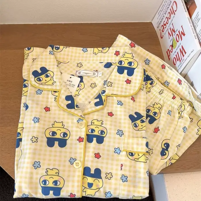 Tamagotchi Tlač pyžamový set - Dámske krátke rukávy bavlnené letné nočné oblečenie (roztomilé kreslené šortky a top)