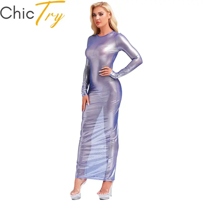 priehľadný Dámske šaty na dlhú pláž, Sexy, Lesklý kovový, S dlhými rukávmi, Jednofarebné, Mesh, Večerné obleky, Clubwear