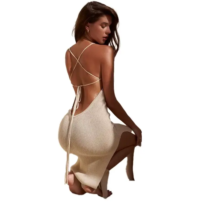 Letné plážové šaty, vysoká štrbina, jednofarebné, sviatočné šaty, Sexy, pletené, bez chrbta, golier, elegantný, bez rukávov, tesný, na kravatu