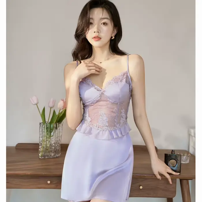 nočná košeľa Ružová čipka pre ženy, Sexy, Bez ramienok, Sleepwear, Spálňové šaty, Leto, Silky satén, Župan, Príležitostné oblečenie