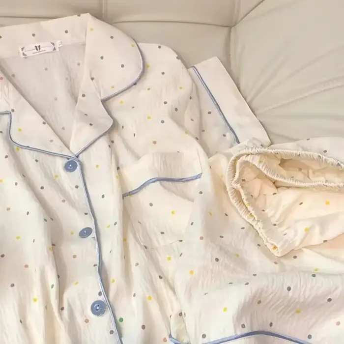 Dámske polka dot tlačené pyžamo, bavlnené pyžamo set, top a šortky, 2-dielna sada, ležérne a pohodlné doma, mäkké oblečenie