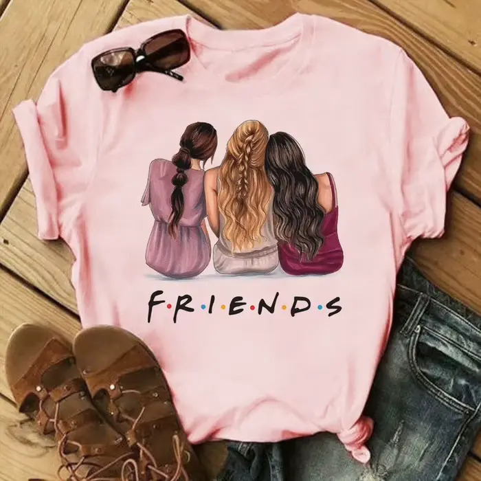 T-shirt à col rond imprimé dessin animé Good Friends pour femme, haut graphique, manches courtes, dé