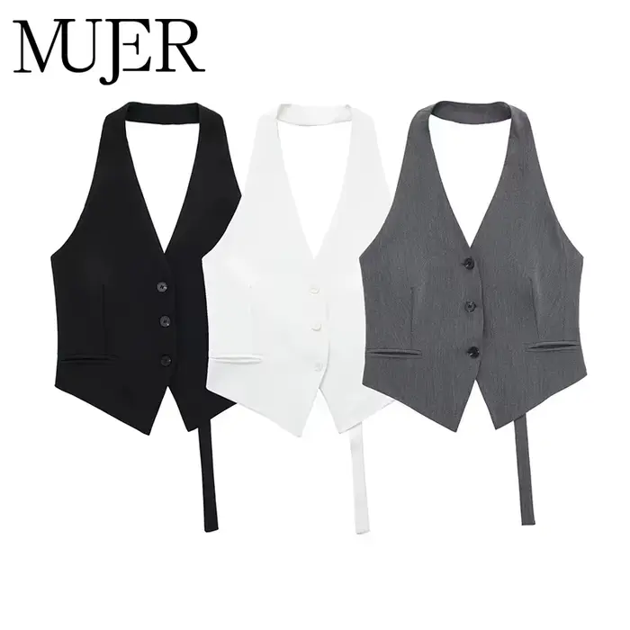 MUJER épaules dénudées gilet sans manches femmes noir blanc recadrée gilet femme mode dos nu col en