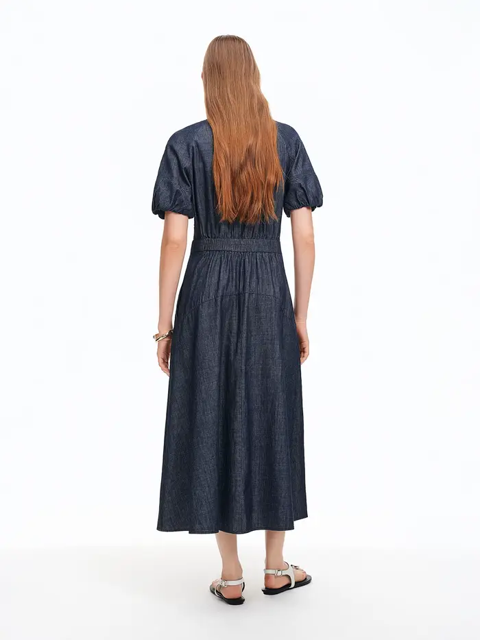 Robe longue DUSHU bleu marine à col en V et bretelles en jean, nouvelle collection été 2026, élégant