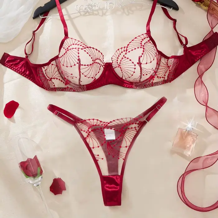 Ensemble de lingerie brodée rouge bordeaux pour la Saint-Valentin - Ensemble de soutien-gorge sexy e