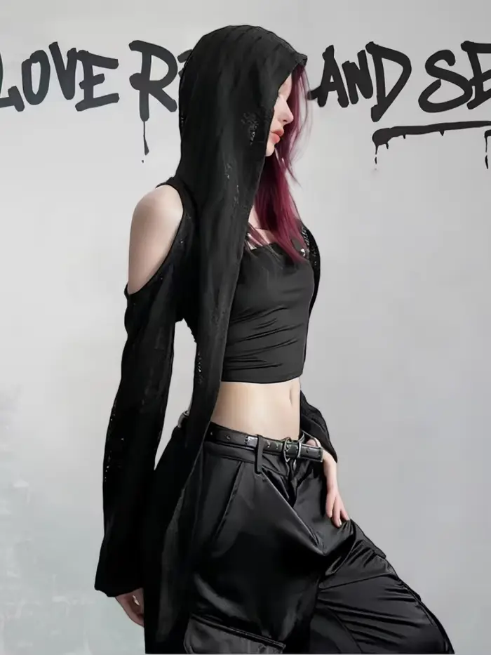 T-shirt à manches longues et épaules dénudées pour femmes, Streetwear d'été, hauts courts, Punk Grun
