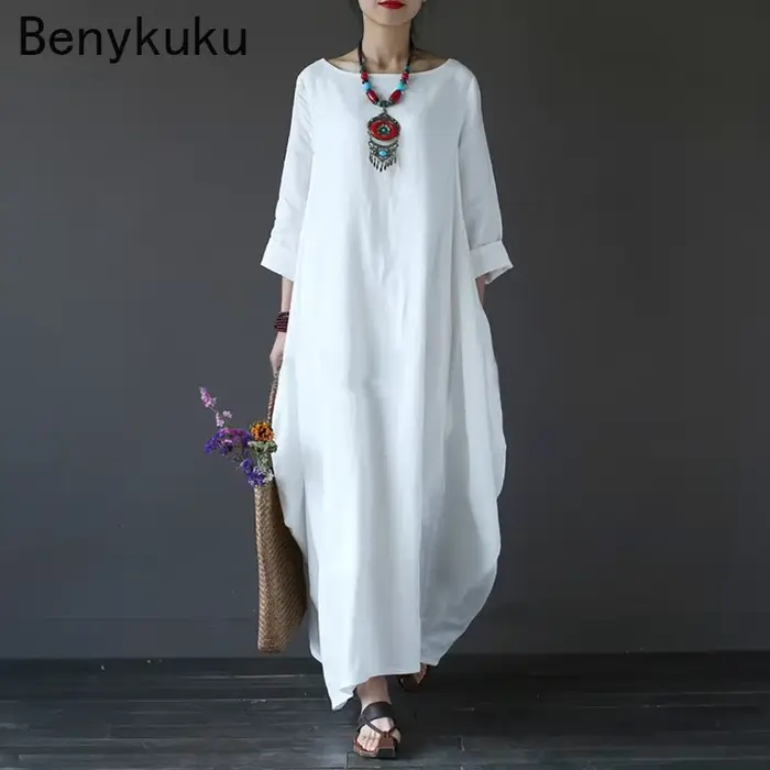 Vintage dlhé maxi šaty pre ženy s dlhými rukávmi veľká veľkosť kaftan voľný bavlnený ľanový casual 2025