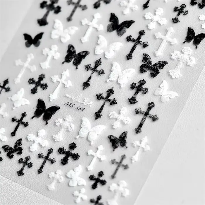Femme Sexy noir blanc dentelle papillon croix 5D doux en relief Relief auto-adhésif Nail Art décorat