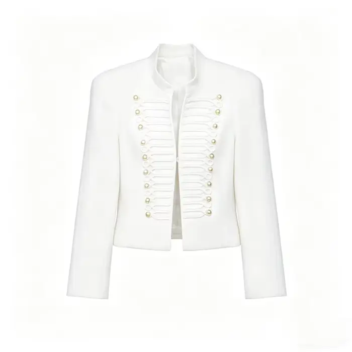 Veste courte en polyester avec détails dorés pour femmes, style décontracté et élégant pour les saisons printemps et automne, idéale pour sorties et occasions spéciales