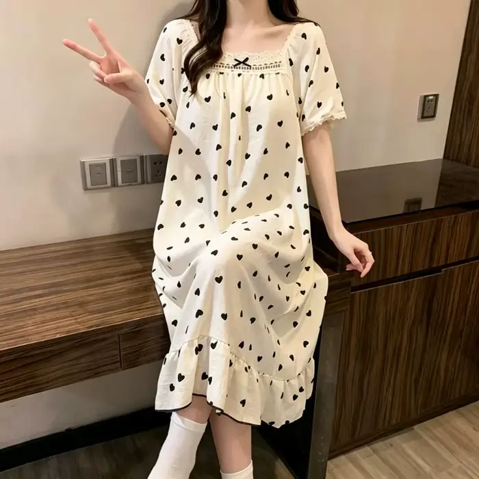 Robe de nuit décontractée pour femme à col carré, imprimé mignon, manches courtes, ourlet à volants,