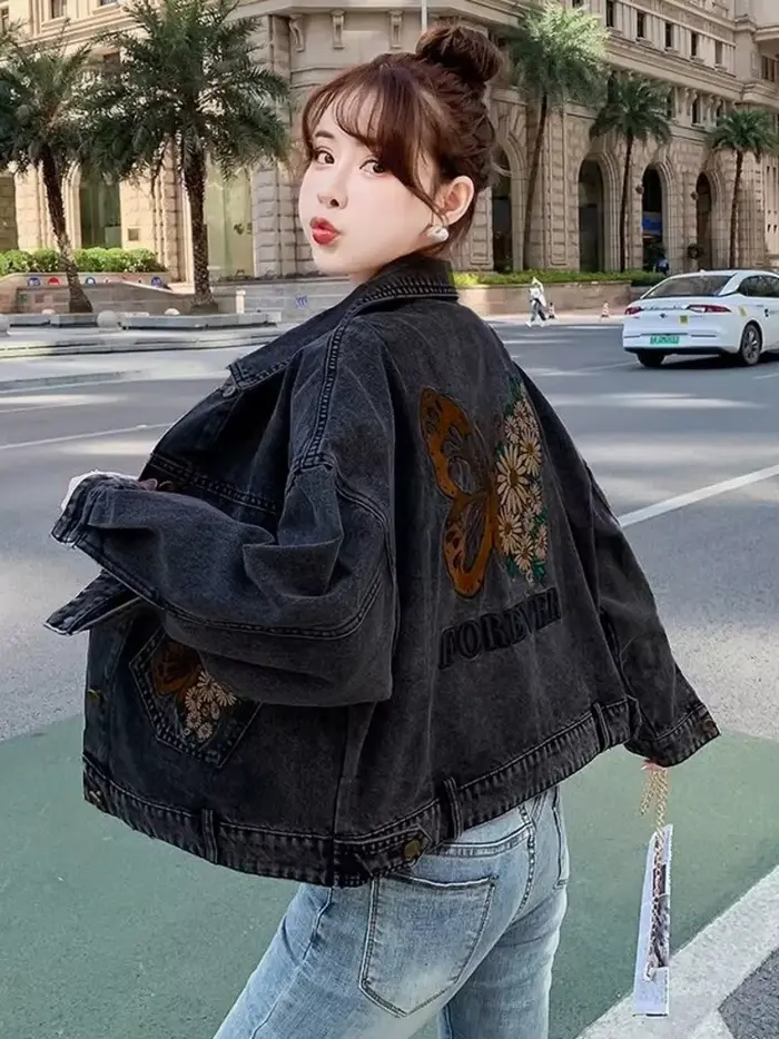 Veste en jean décontractée pour femme, papillon, fleur, lettre brodée, manteau en coton, bouton d'ex