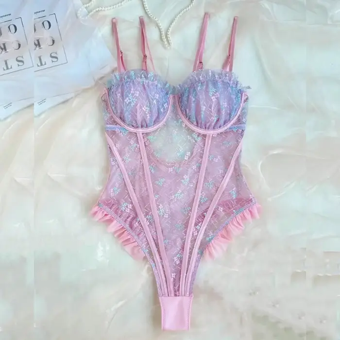 Body en dentelle rose Sexy, sans manches, à volants, élégant, pour femmes, haut romantique, Chic, Co