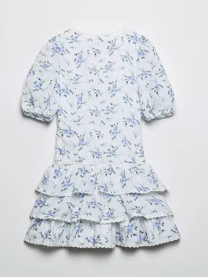YENKYE-Mini robe à volants en dentelle pour femmes, imprimé floral, manches bouffantes vintage, garn