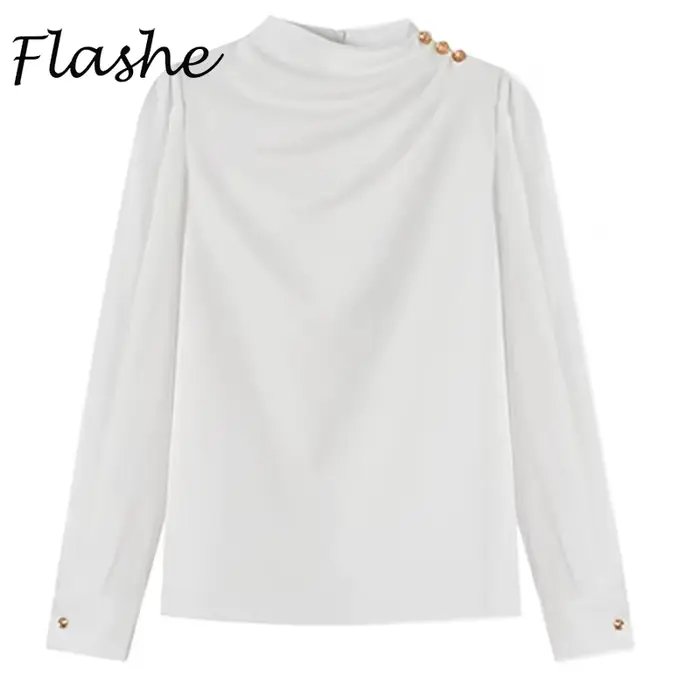 Chemisier blanc à manches longues bouffantes pour femmes, chemises de bureau élégantes, mode printem