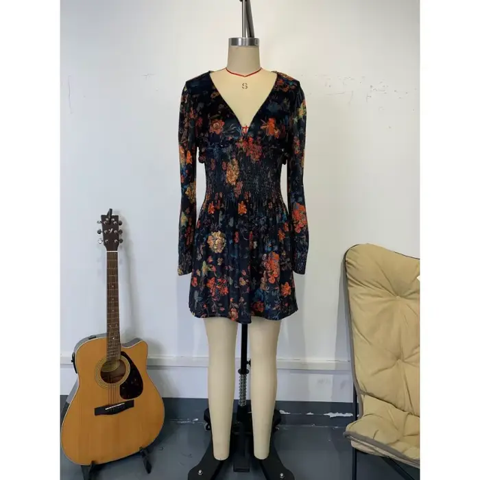 Robe Vintage élégante en velours imprimé Floral, col en v, taille Sexy, manches longues, ligne a, lanterne noire, robe de nuit Chic