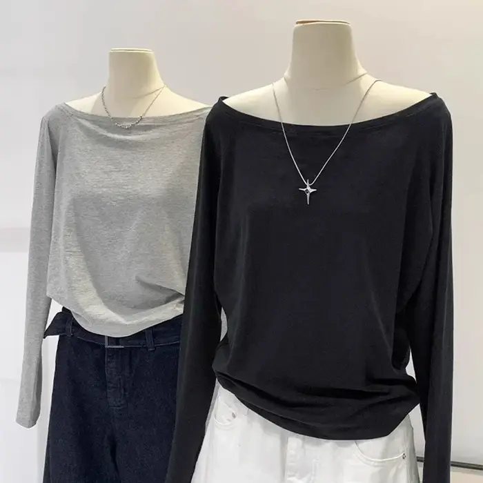 Chemise asymétrique épaule dénudée en coton, manches longues, épaules inclinées, Style de vêtements 