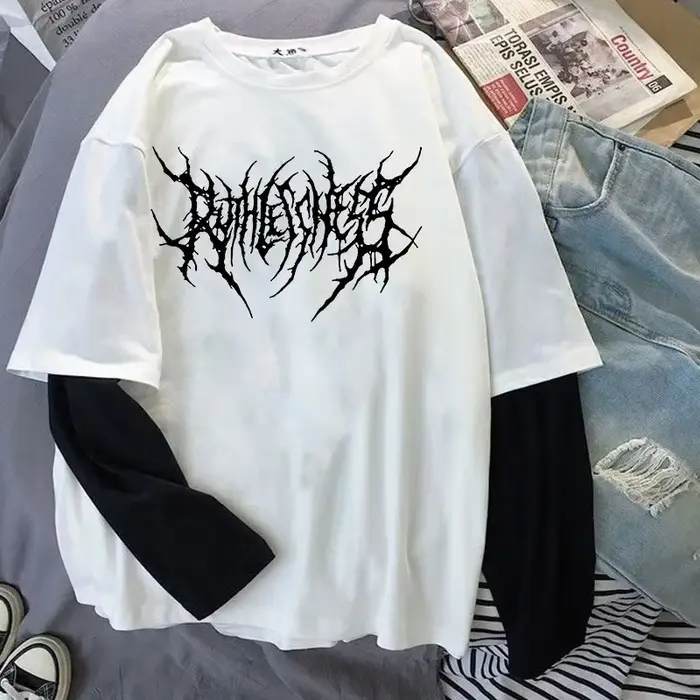 Punk štýl tmavý potlačený okrúhly výstrih Y2K športové Harajuku tričko pre ženy dlhý rukáv voľné