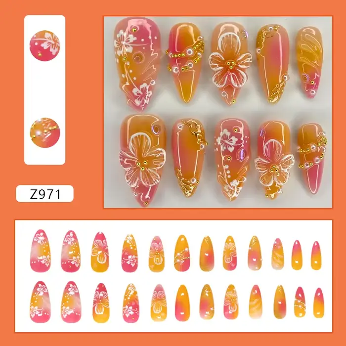 24 pièces fleur blanche faux ongles conseils Ins jaune rose Blush faux ongles portable couverture co