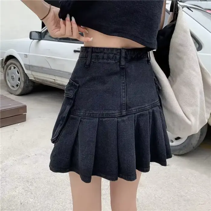 Jupes en Jean noires pour femmes, Streetwear, taille haute, courtes, Slim, Sexy, plissée, avec poche