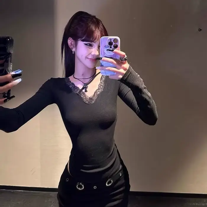 Seeslim čierne Sexy odhalený chrbát dámske tričko Goth s dlhými rukávmi štíhle 2000s oblečenie Y2k tričká pre ženy
