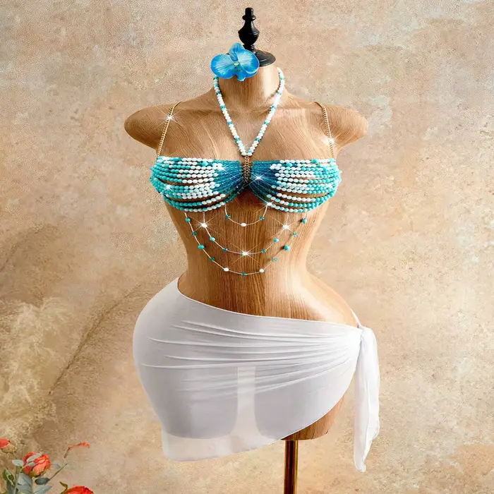 Korálky telo reťaz multicolor neba modrá a biela pre ženy, podprsenka štýl, pre pláž, leto, bikiny, orezať top, sexy večerné oblečenie