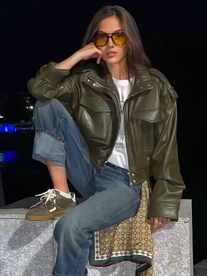HH módna jar ženy Umelá koža skrátená bunda 2026 Vintage sťahovací golier zips dlhé rukávy Bomber kabát