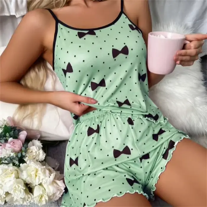 Dámske pyžamový set, tričká a šortky, srdce v tvare tlače ružové tričko, okolo krku, ľadový hodvábny top, pohodlné a príležitostné, letné