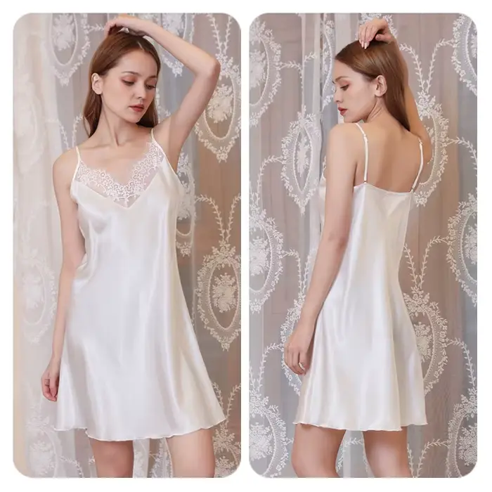 Vêtements de nuit pour femmes solide courte Chemise de nuit en Satin Mini Slip Chemise de nuit Sexy 