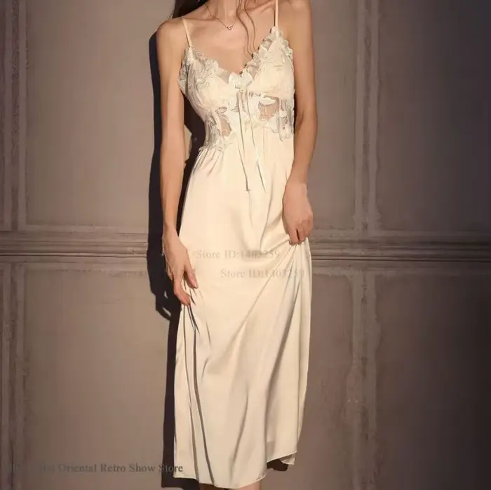 Élégant femme longue Robe ensemble chemise de nuit soyeux glace soie vêtements de nuit Homewear SEXY évider dentelle chemise de nuit Lingerie vêtements de détente