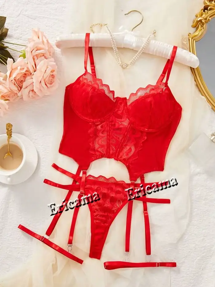 Čipka spodná bielizeň set 7.0 s ozdobným lukom, dutá podprsenka s popruhmi, tangá, podväzkový pás, sexy spodná bielizeň pre ženy