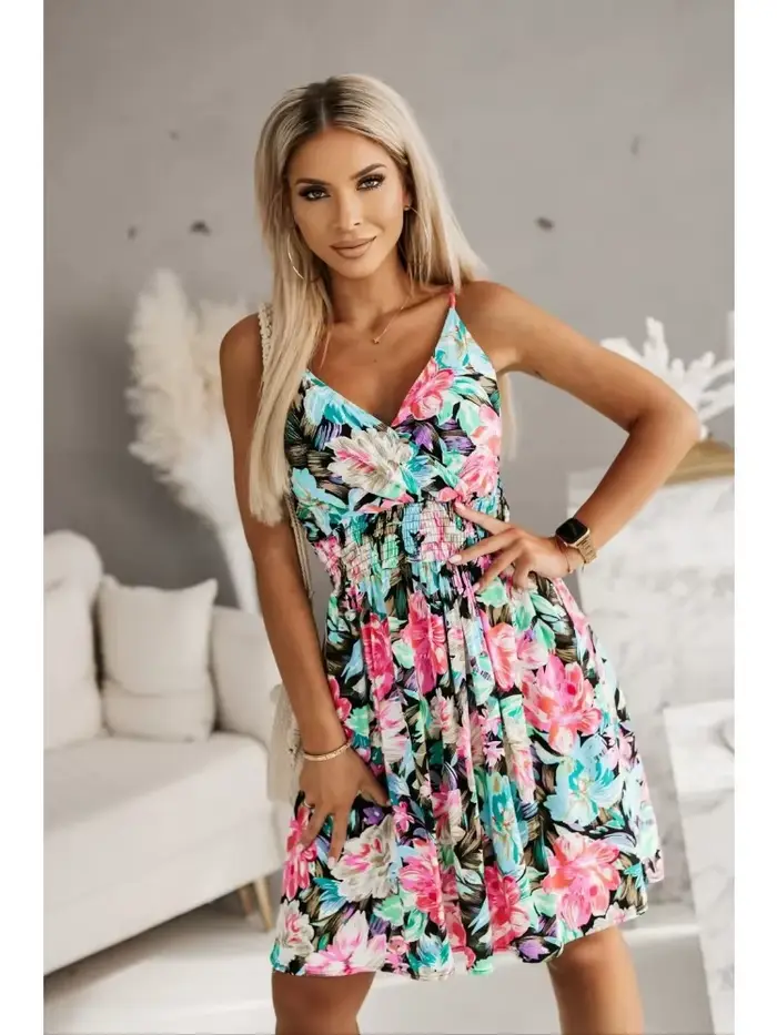 Kvetinové tlačené polyesterové večerné šaty s V-Neck a špagety rukávmi pre ženy - Letné príležitosti