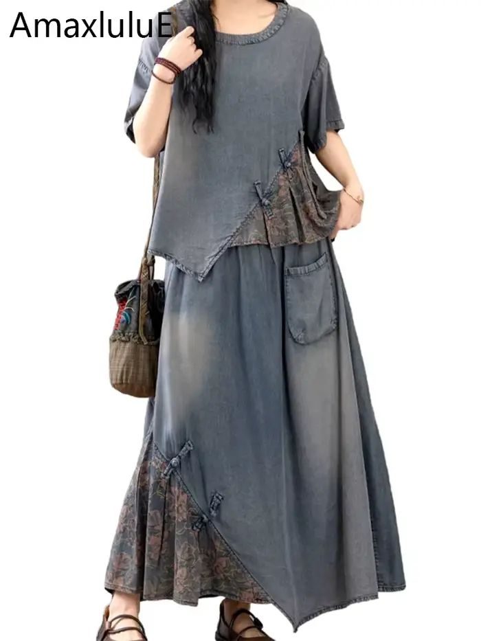Letné dámske čínske 2-dielne súpravy ležérne potlačené Denim luxusné Vintage topy g