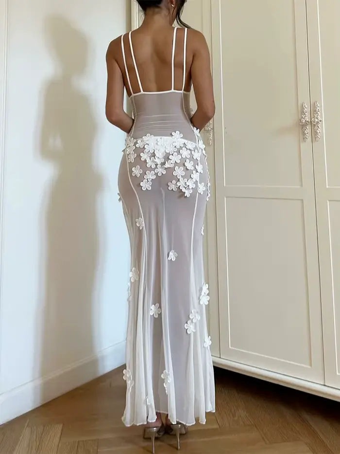 Robe en fibre de maille transparente pour femme, col en V, fleur, fente latérale, robe de soirée, co