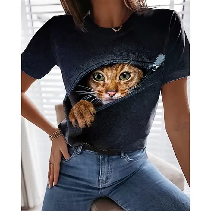 T-Shirt chat Kawaii imprimé en 3D pour femmes, t-shirts graphiques d'animaux amusants, décontracté,
