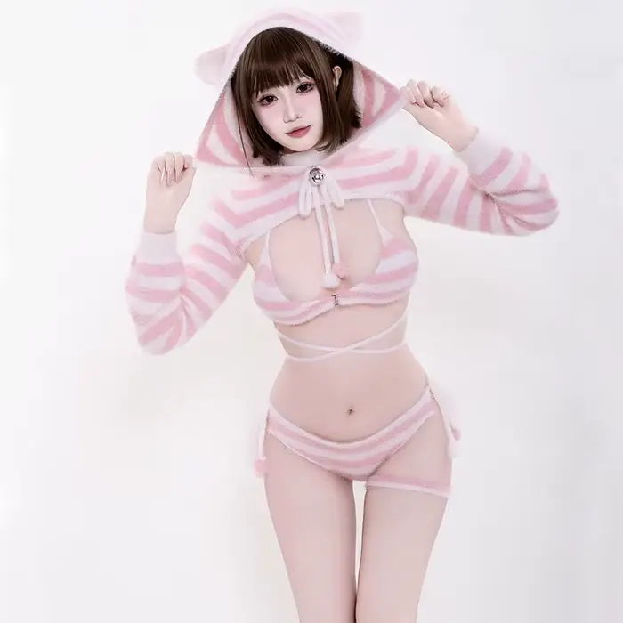 Roztomilé mačacie dievča Lolita ružovo-biele pruhované medvedie kapucňové kožušinové tričko Cosplay kostým Sexy
