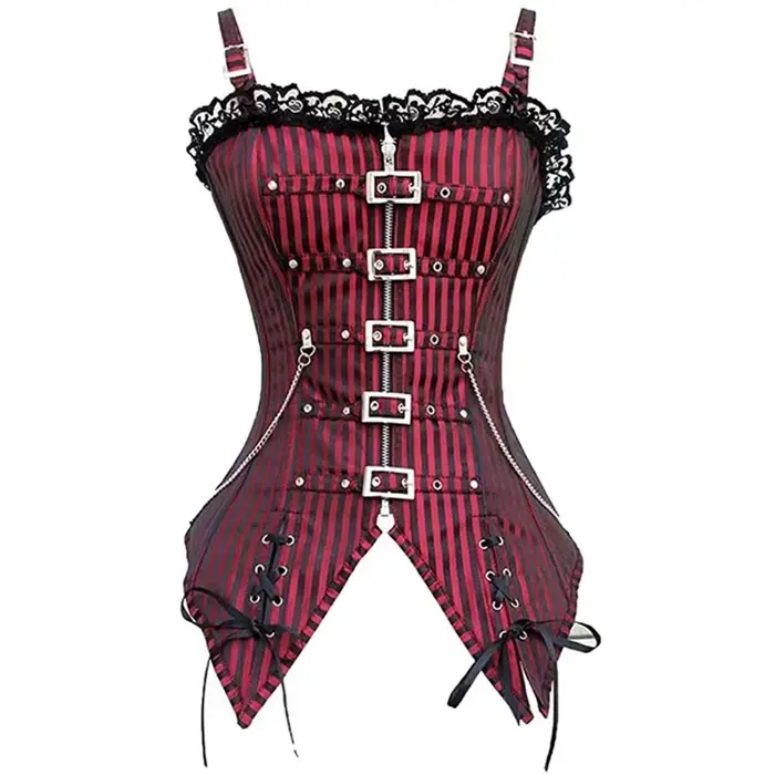 Sexy čipka korzet kamizola pre ženy, nízky strih, zips, punk rock štýl, cosplay, gotické oblečenie, vyčnievajúce telo, chudnutie, červené pruhované top