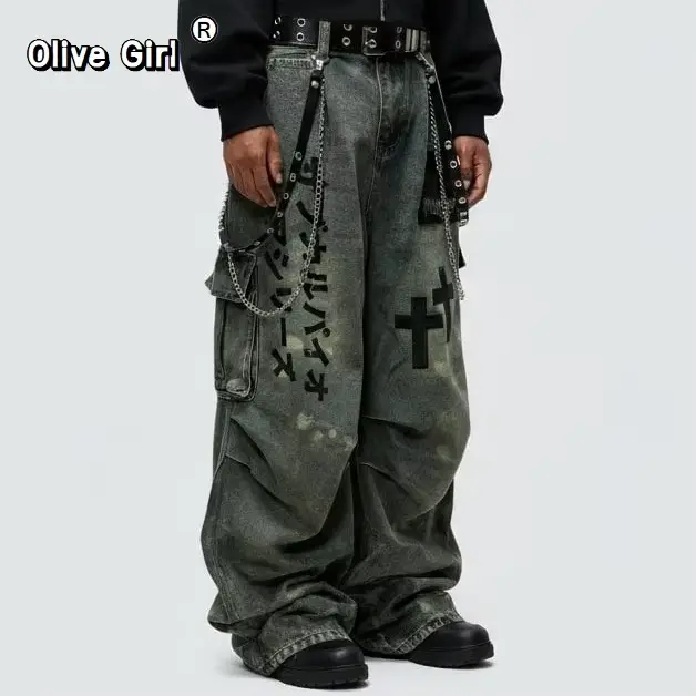 Veľká veľkosť lebka kríž dámske džínsy Denim nohavice americké retro atmosféra široké
