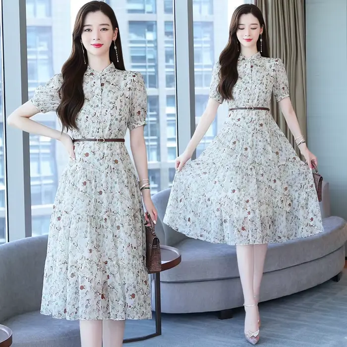 Robe mi-longue en mousseline de soie à fleurs pour femmes, manches courtes, mode décontractée, robe