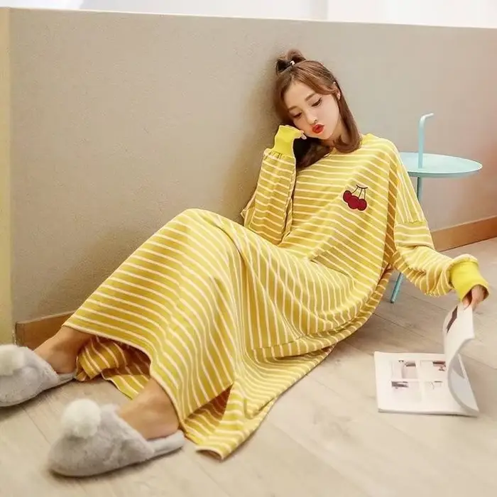 Dámska nočná košeľa M-5XL jesenné dlhé rukávy oplachovanie pruhované dĺžka Preppy mn teenageri Kawaii voľný domáci nočný odev pohodlná móda