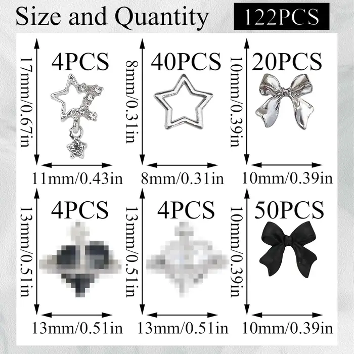 122 pièces étoile ongles breloques 3D argent ongles breloques alliage arc breloques cristal Starligh