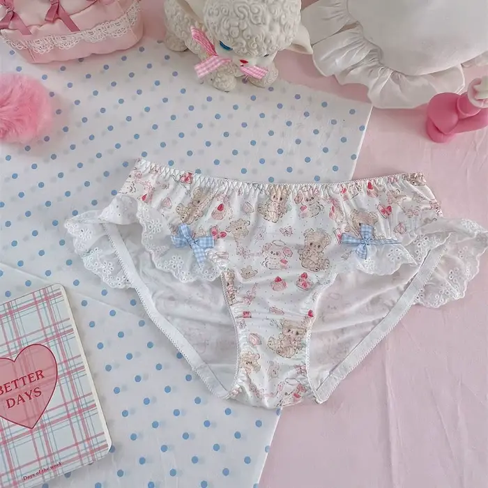 Culotte à volants en dentelle avec nœud papillon pour femme, joli sous-vêtement imprimé ours de dessin animé, Lolita Dot, taille basse, slip pour filles, lingeries douces