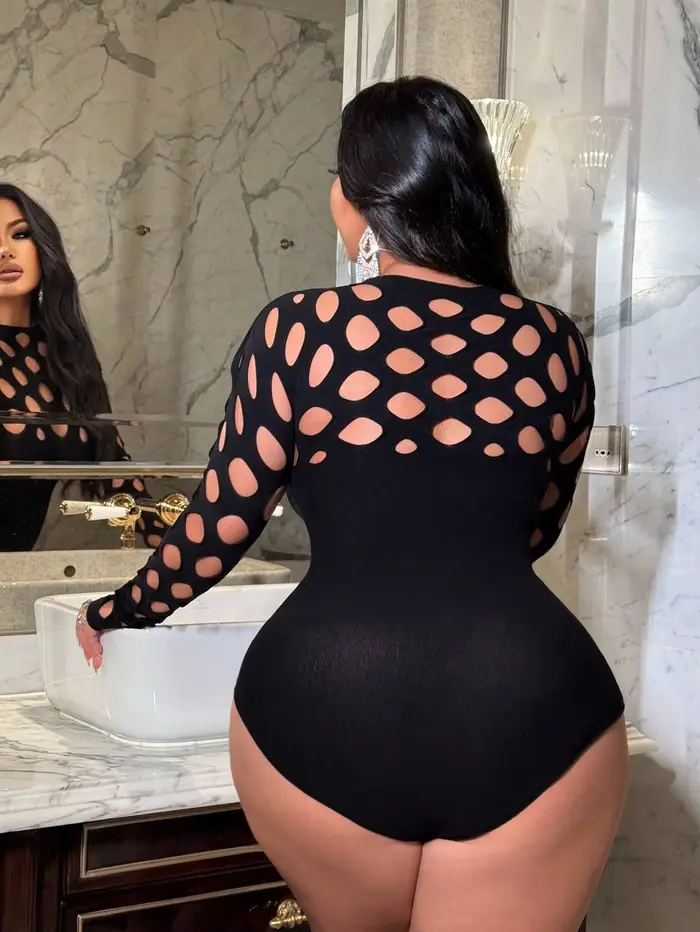 Sexy kombinéza pre ženy, veľká veľkosť, rybárska sieť, tesná, farba jednofarebný, s dlhými rukávmi, trendy