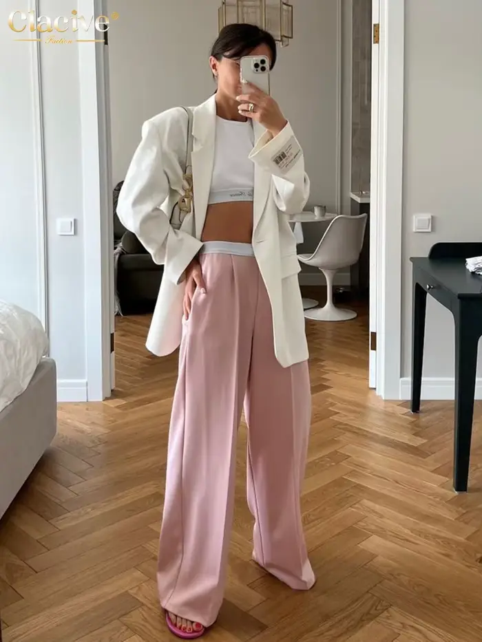 ClacMarkets-Pantalon Gris pour Femme, Taille artificiel astique, Jambes Larges, Mode Décontractée, F