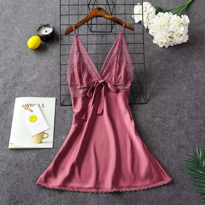 Dámske Sexy hodvábne saténové bez rukávov nočná košeľa čipka V-neck Nuisettes nočná košeľa módne nočné oblečenie nočné oblečenie
