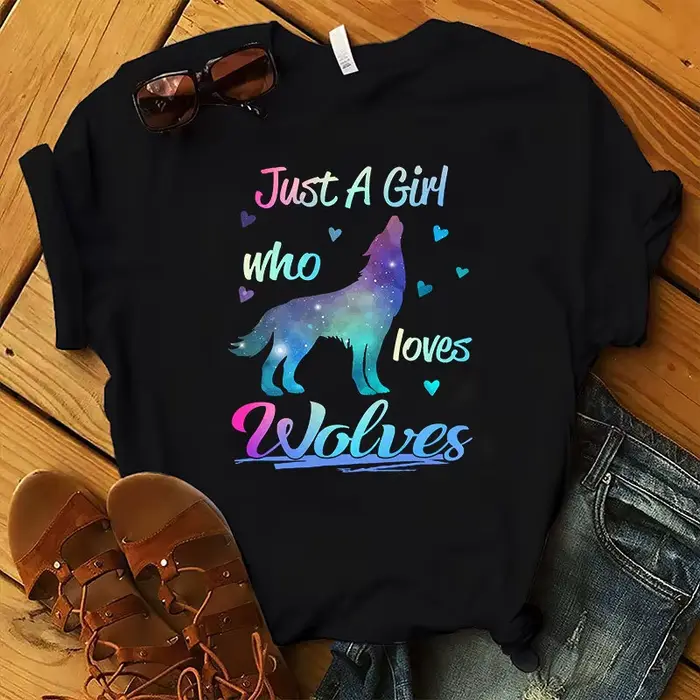 T-shirt manches courtes col rond femme, Just A Girl Love Wolves Print