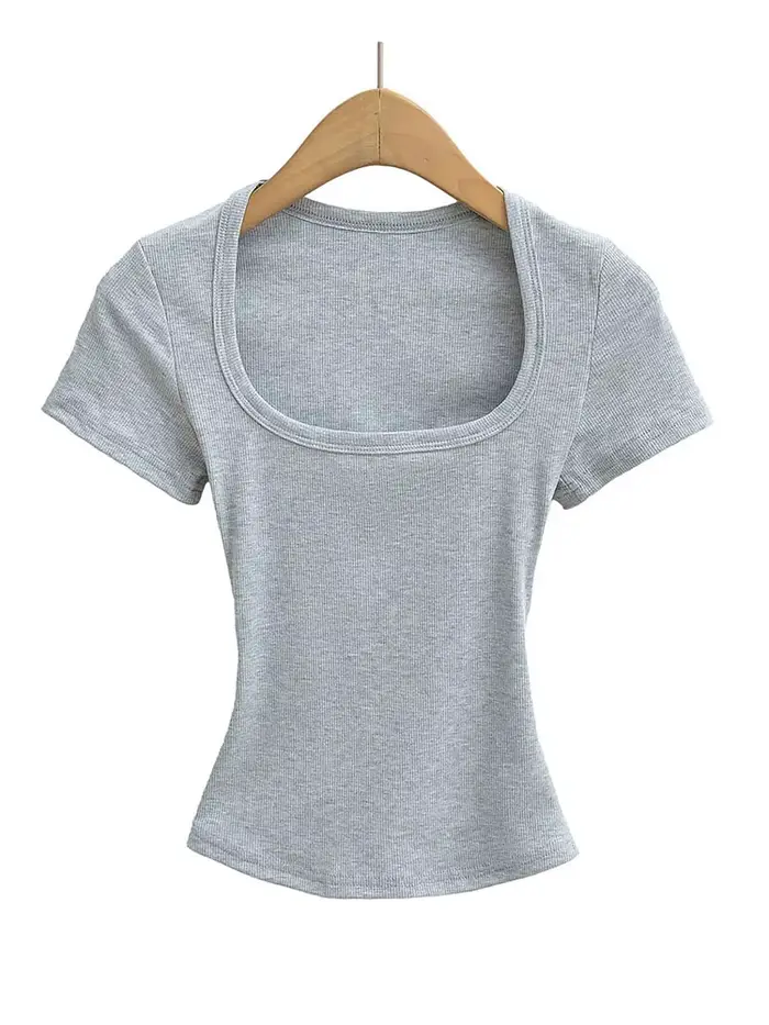 Štvorcový výstrih vysoký Stretch letná kultúra topy ženy s krátkymi rukávmi sexy pulóver vrcholy blúzky tenké tričko
