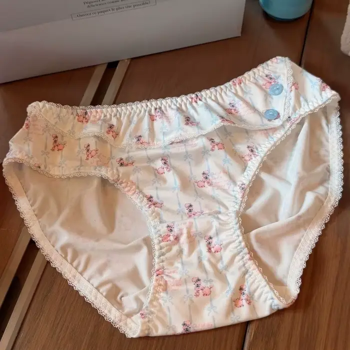 Dámske nohavičky z mliečneho vlákna, nízky pás, štýl Kawaii Lolita, s lukom, potlačou bábiky, čipkou a roztomilými volánikmi