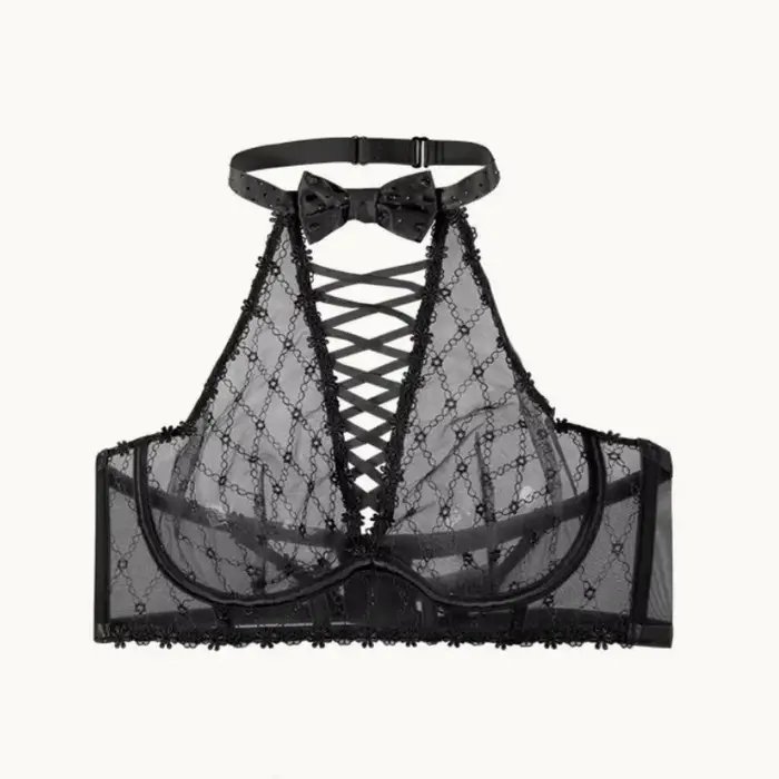 Soutien-gorge violet, nœud, motif diamant, strass, lacets, col haut, sous-vêtements à col rond